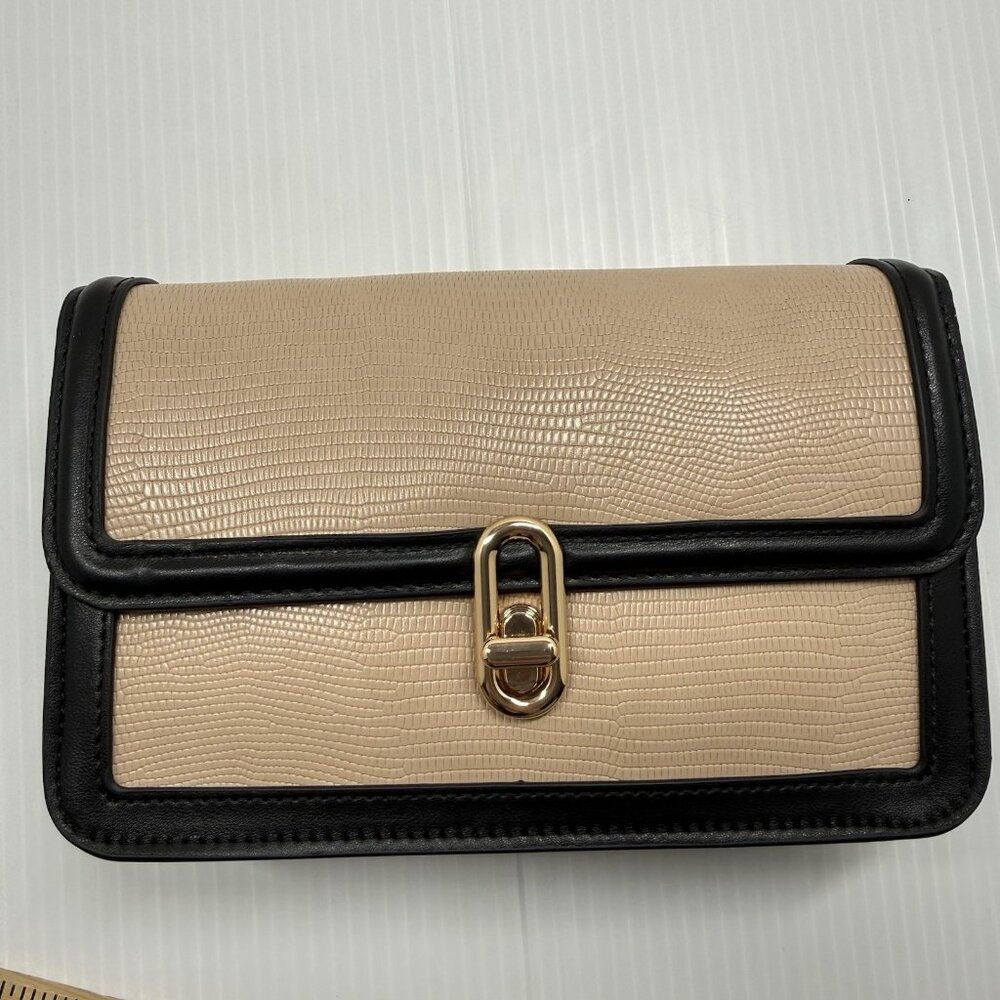 Jules Kae Mia Vegan Leather Clutch Crossbody Beige Black Gold Lock Shoulder Bag - Picture 3 of 10